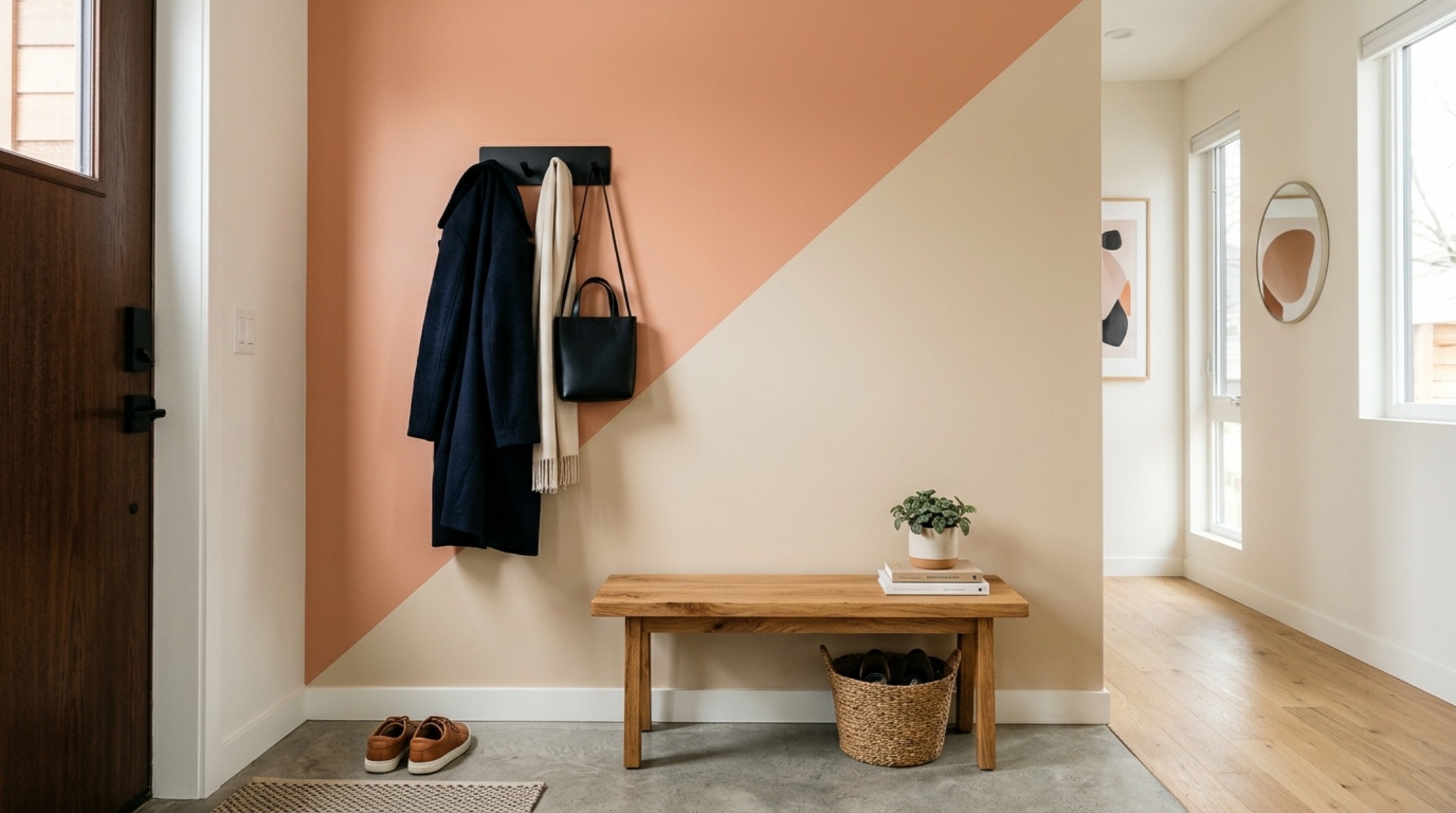 Entryway DIY geometric color blocking in a muted terracotta, creating a functional landing zone within a compact open-plan layout.
