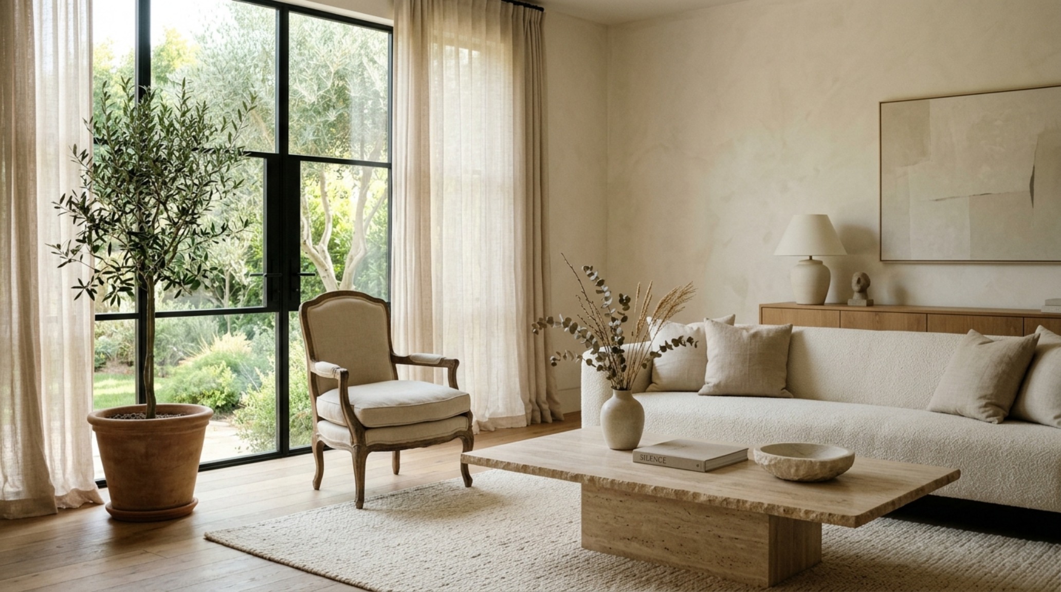Quiet luxury paint palettes featured in a sun-drenched living room with honed travertine accents and walls in a soft, nuanced linen white.