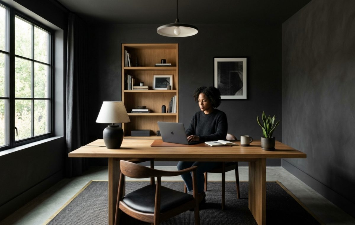 Modern home office drenching in deep charcoal paint showing ergonomic zoning and 36-inch walkway clearance.