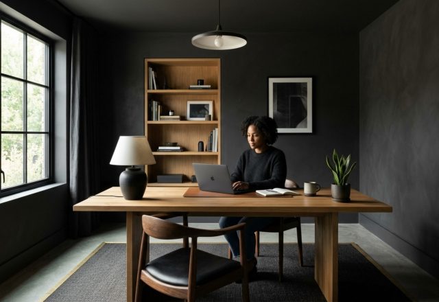 Modern home office drenching in deep charcoal paint showing ergonomic zoning and 36-inch walkway clearance.