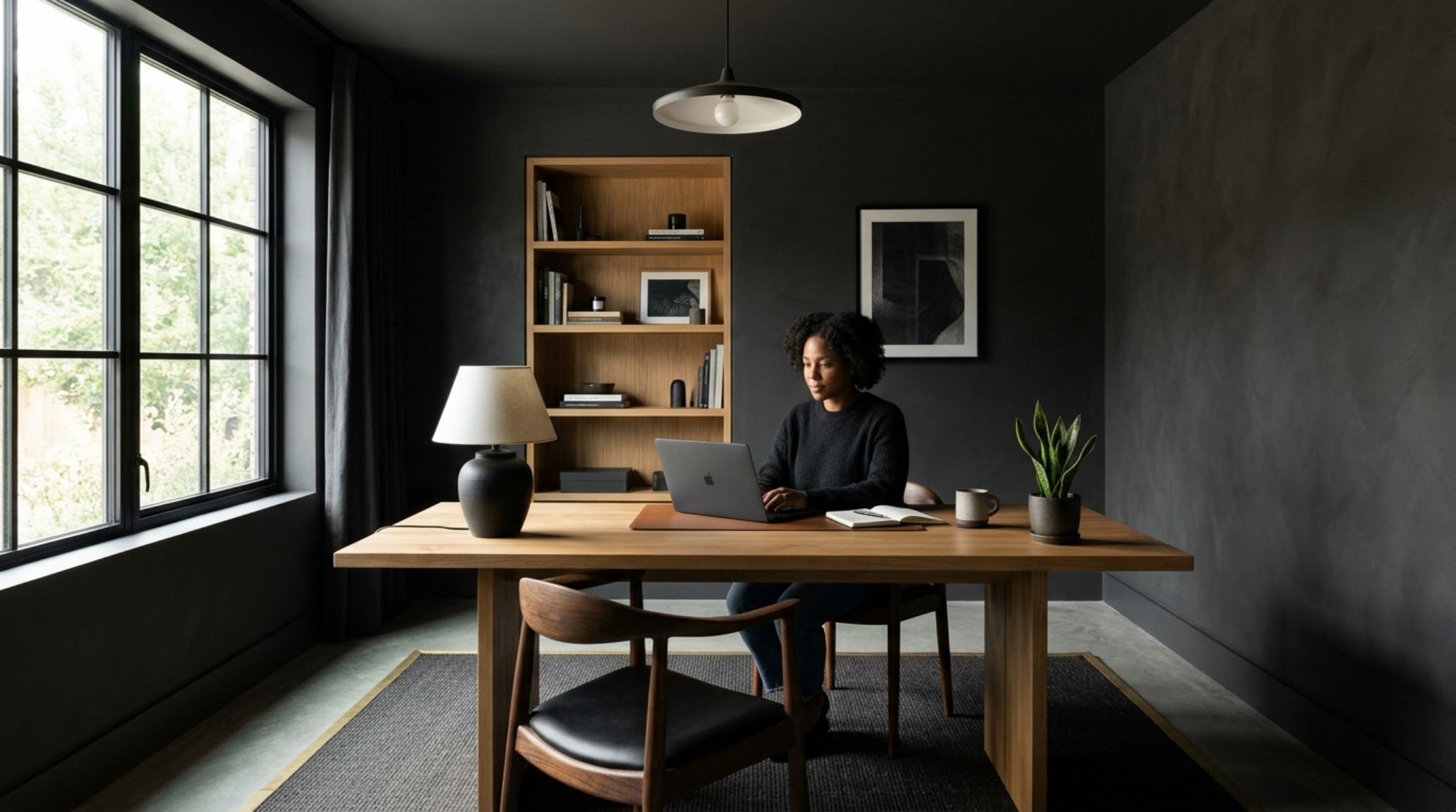 Modern home office drenching in deep charcoal paint showing ergonomic zoning and 36-inch walkway clearance. Modern home office drenching in deep charcoal paint showing ergonomic zoning and 36-inch walkway clearance.