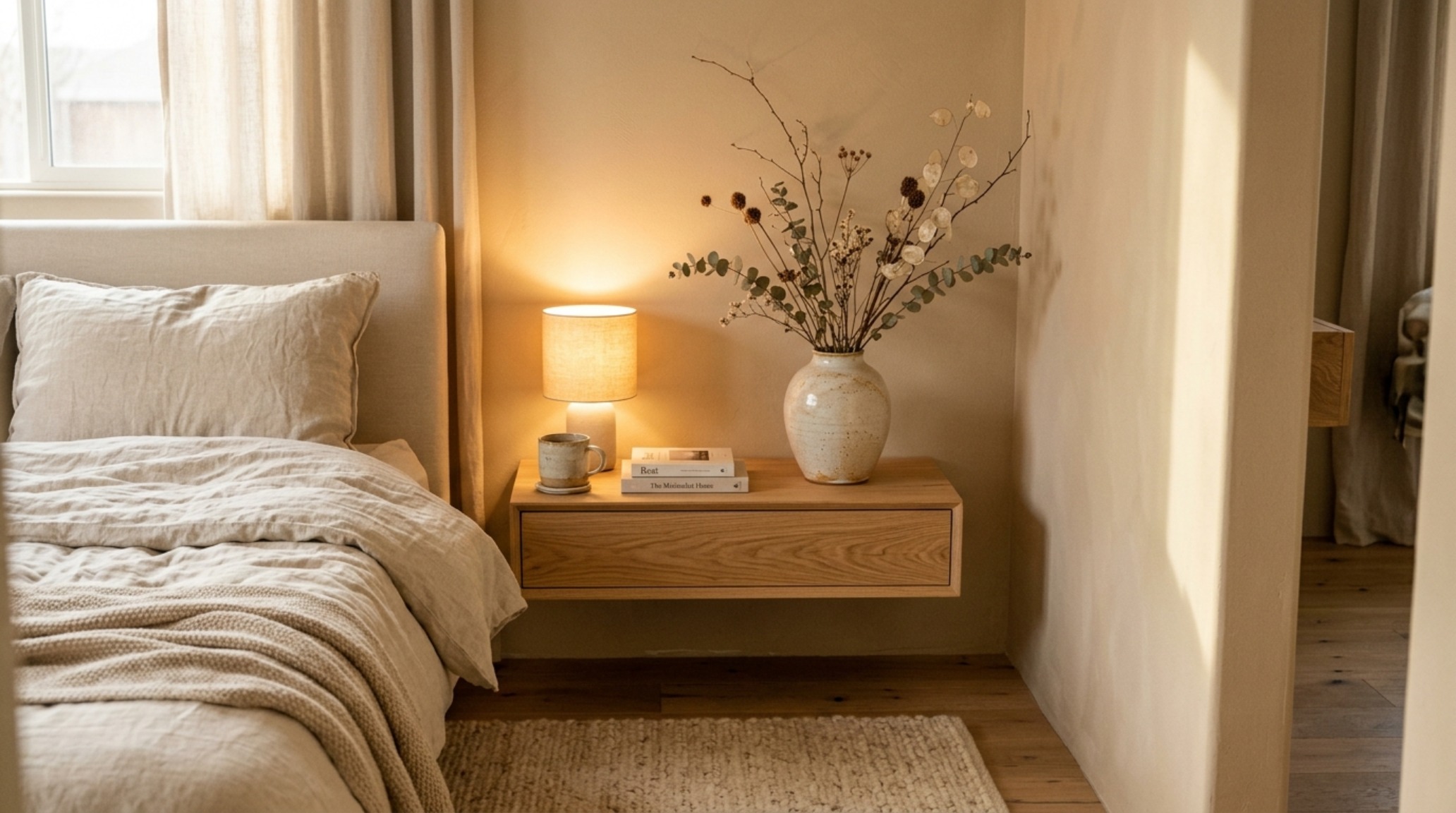 Modern organic bedroom featuring layered textiles and walls in a soft, greyed-out parchment paint shade. Modern organic bedroom featuring layered textiles and walls in a soft, greyed-out parchment paint shade.