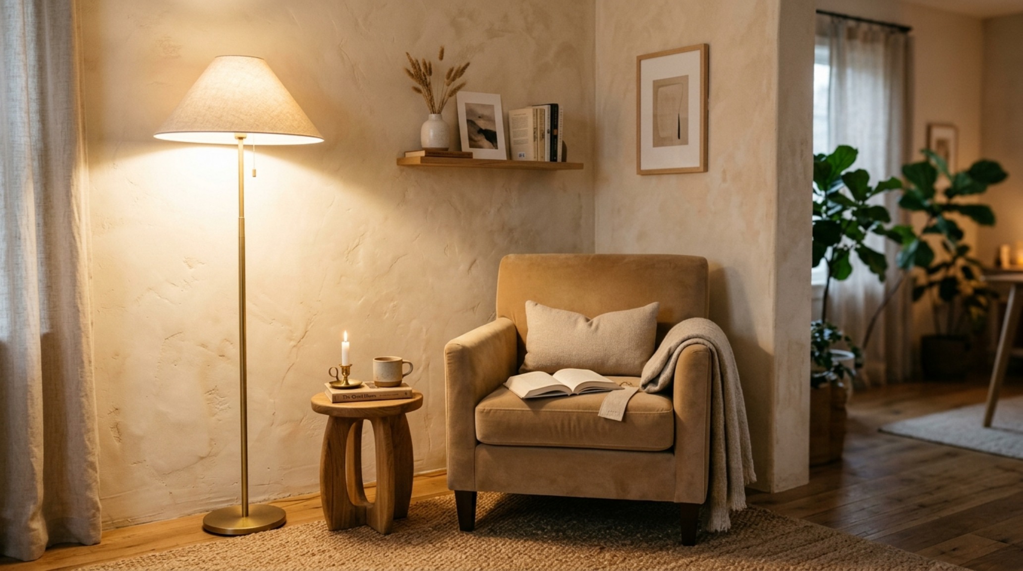 A cozy reading nook with sand-colored Roman Clay walls and a low-profile armchair near a 2700K light source. A cozy reading nook with sand-colored Roman Clay walls and a low-profile armchair near a 2700K light source.