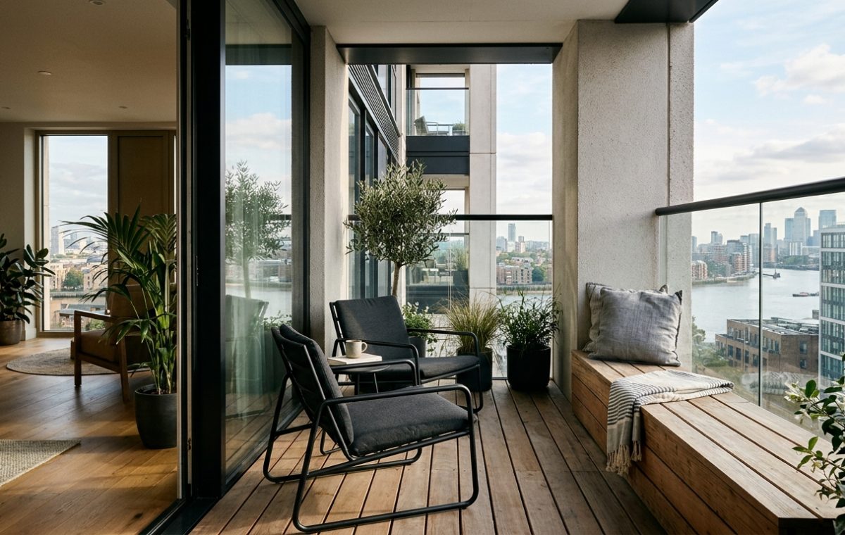 A sophisticated urban balcony featuring slimline black metal chairs and a built-in wooden bench, demonstrating primary circulation clearances for small apartment balcony ideas.