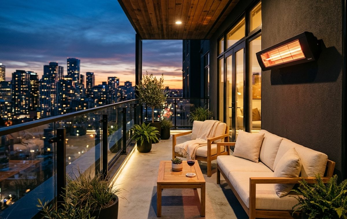 A narrow apartment balcony with a sleek wall-mounted infrared heater and minimalist teak furniture demonstrating luxury small apartment balcony ideas textures.