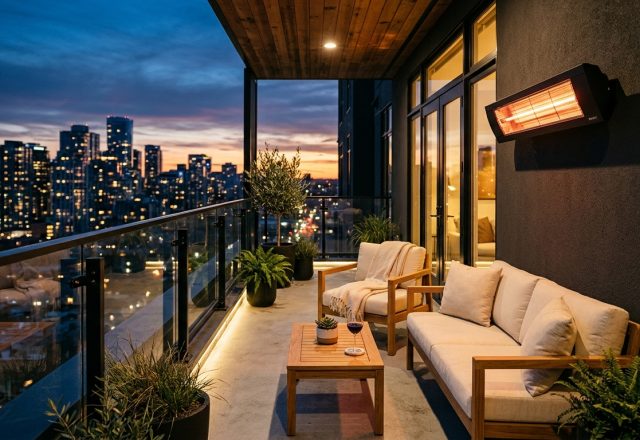 A narrow apartment balcony with a sleek wall-mounted infrared heater and minimalist teak furniture demonstrating luxury small apartment balcony ideas textures.