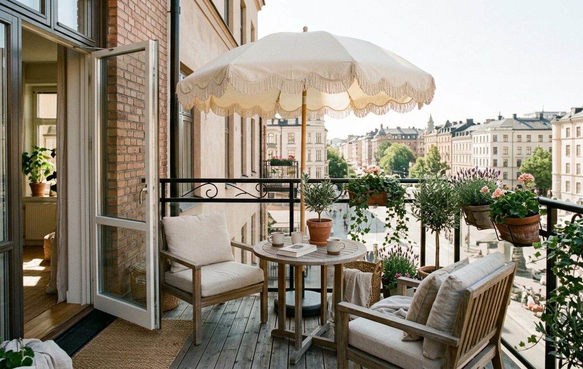 A sun-drenched urban balcony featuring a Joanna Gaines patio umbrella with scalloped edges, defining a sophisticated outdoor lounging zone with linen textures.