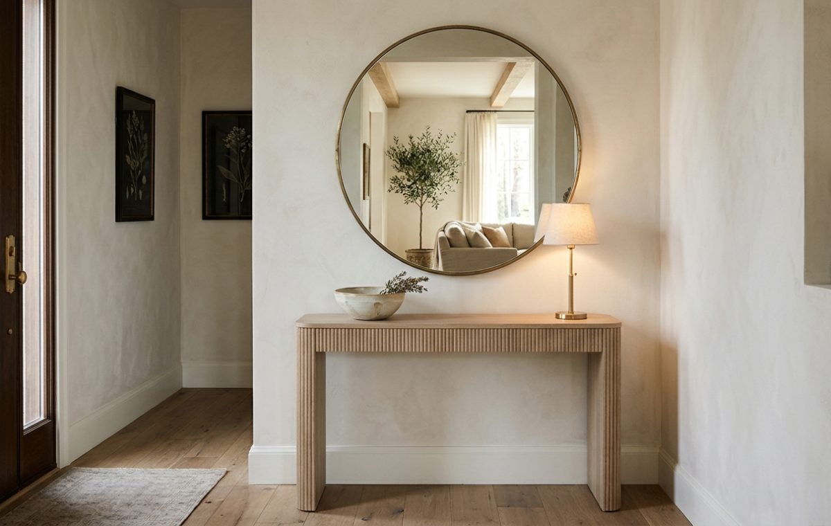 Modern narrow entryway ideas showing a slim console table with a large circular mirror and warm 2700K lighting.