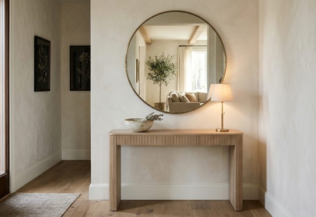 Modern narrow entryway ideas showing a slim console table with a large circular mirror and warm 2700K lighting.