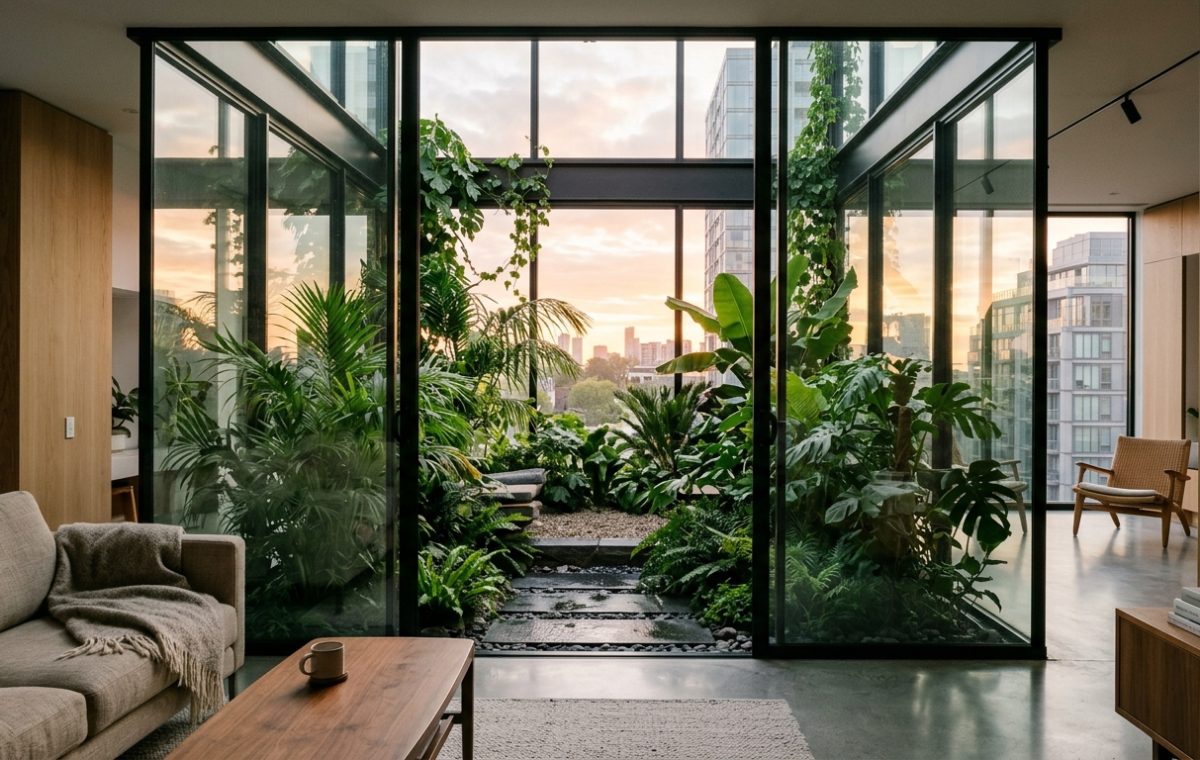 A stunning hero shot of a home glazed patio in center, showcasing floor-to-ceiling glass walls, internal greenery, and soft morning light, perfect for small apartment balcony ideas inspiration.