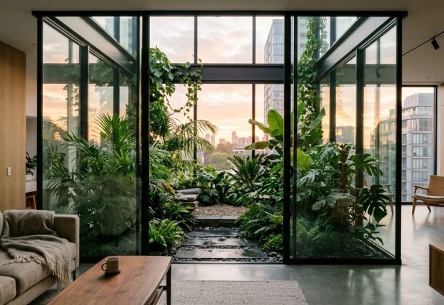 A stunning hero shot of a home glazed patio in center, showcasing floor-to-ceiling glass walls, internal greenery, and soft morning light, perfect for small apartment balcony ideas inspiration.