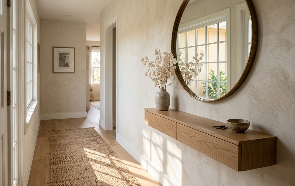 Editorial wide shot of a narrow entryway featuring a floating white oak console, a large round mirror, and warm sunlight streaming across a jute runner.