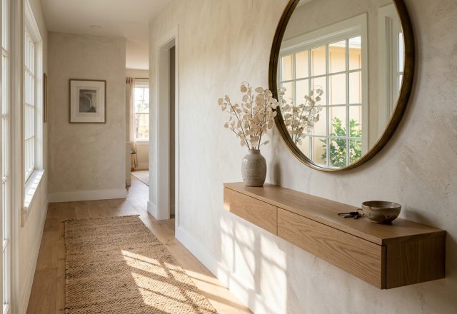 Editorial wide shot of a narrow entryway featuring a floating white oak console, a large round mirror, and warm sunlight streaming across a jute runner.