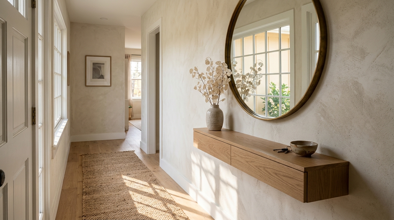 Editorial wide shot of a narrow entryway featuring a floating white oak console, a large round mirror, and warm sunlight streaming across a jute runner. Editorial wide shot of a narrow entryway featuring a floating white oak console, a large round mirror, and warm sunlight streaming across a jute runner.