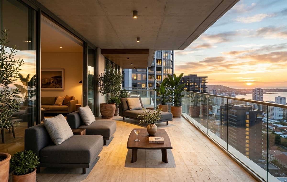 High-end small apartment balcony ideas hero shot featuring a minimalist lounge chair and honed travertine flooring under warm evening sunlight.
