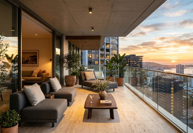 High-end small apartment balcony ideas hero shot featuring a minimalist lounge chair and honed travertine flooring under warm evening sunlight.