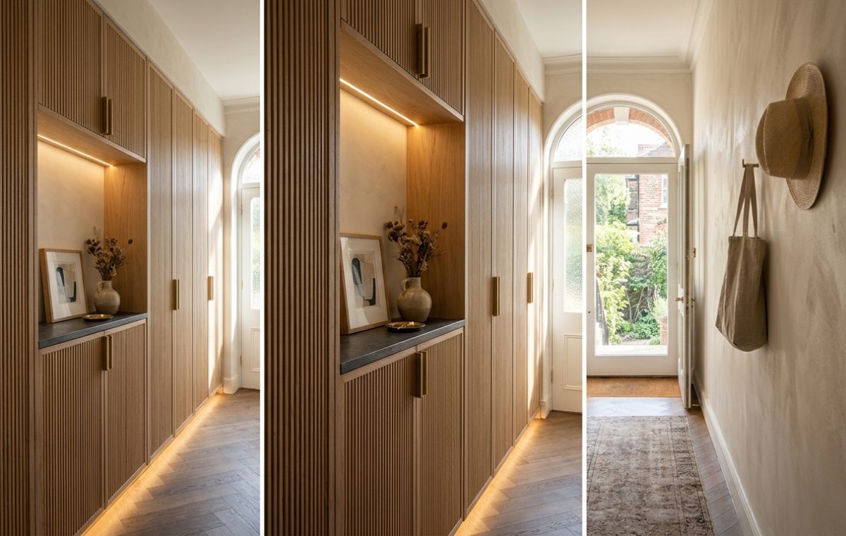 A stunning narrow entryway hero shot featuring a floor-to-ceiling Ikea Pax hack integrated into a limewash wall with fluted oak doors and soft 2700K recessed lighting.