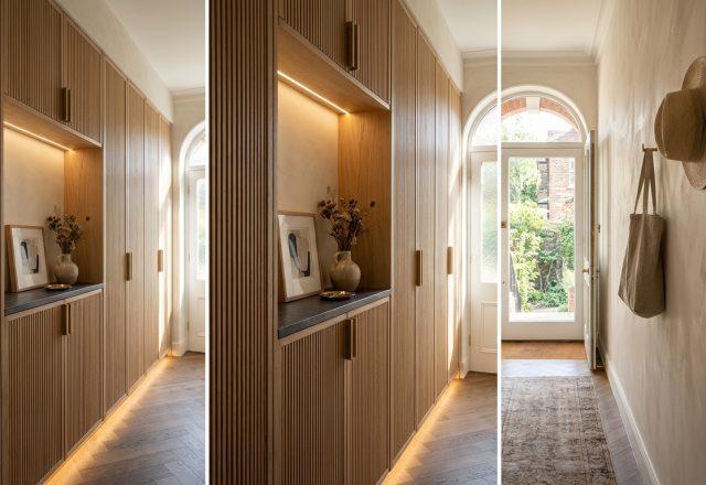 A stunning narrow entryway hero shot featuring a floor-to-ceiling Ikea Pax hack integrated into a limewash wall with fluted oak doors and soft 2700K recessed lighting.
