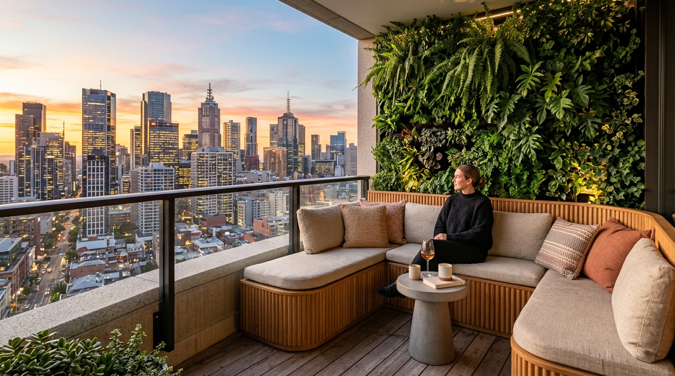 A wide-angle hero shot of a modern balcony overlooking a city skyline, featuring custom wood slat walls and a built-in banquette, showcasing sophisticated small apartment balcony ideas.
