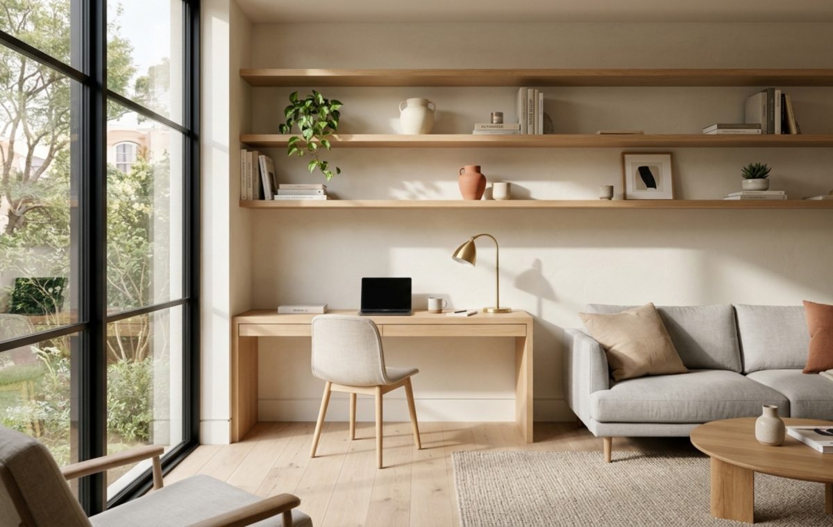 A wide-angle editorial shot of a modern living room featuring integrated white oak floating shelves above a minimalist workspace, showcasing living room floating shelves ideas architecture and perfect 36-inch walkway clearances.