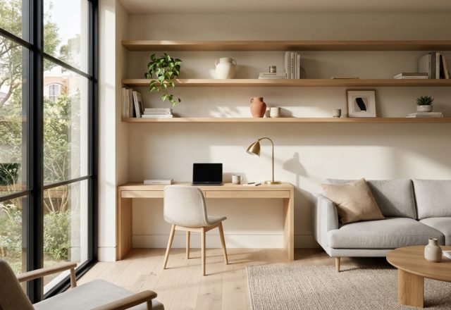 A wide-angle editorial shot of a modern living room featuring integrated white oak floating shelves above a minimalist workspace, showcasing living room floating shelves ideas architecture and perfect 36-inch walkway clearances.