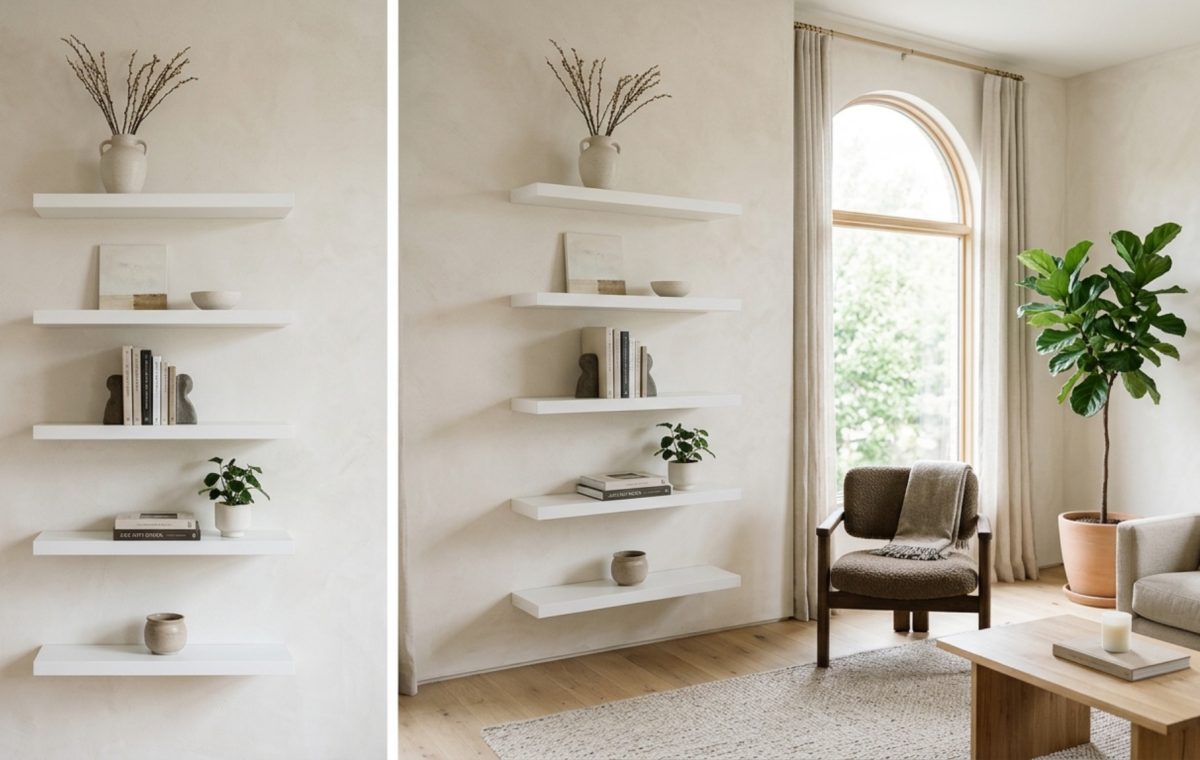 A vertical stack of matte white Ikea Lack shelves in a minimalist living room, showcasing spatial cadence and 12-inch vertical clearances for ergonomic balance.