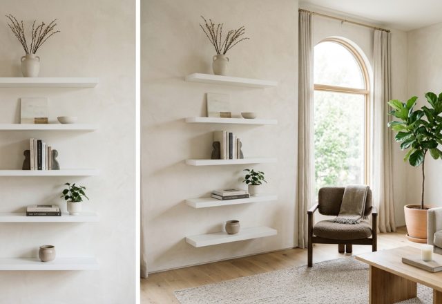 A vertical stack of matte white Ikea Lack shelves in a minimalist living room, showcasing spatial cadence and 12-inch vertical clearances for ergonomic balance.