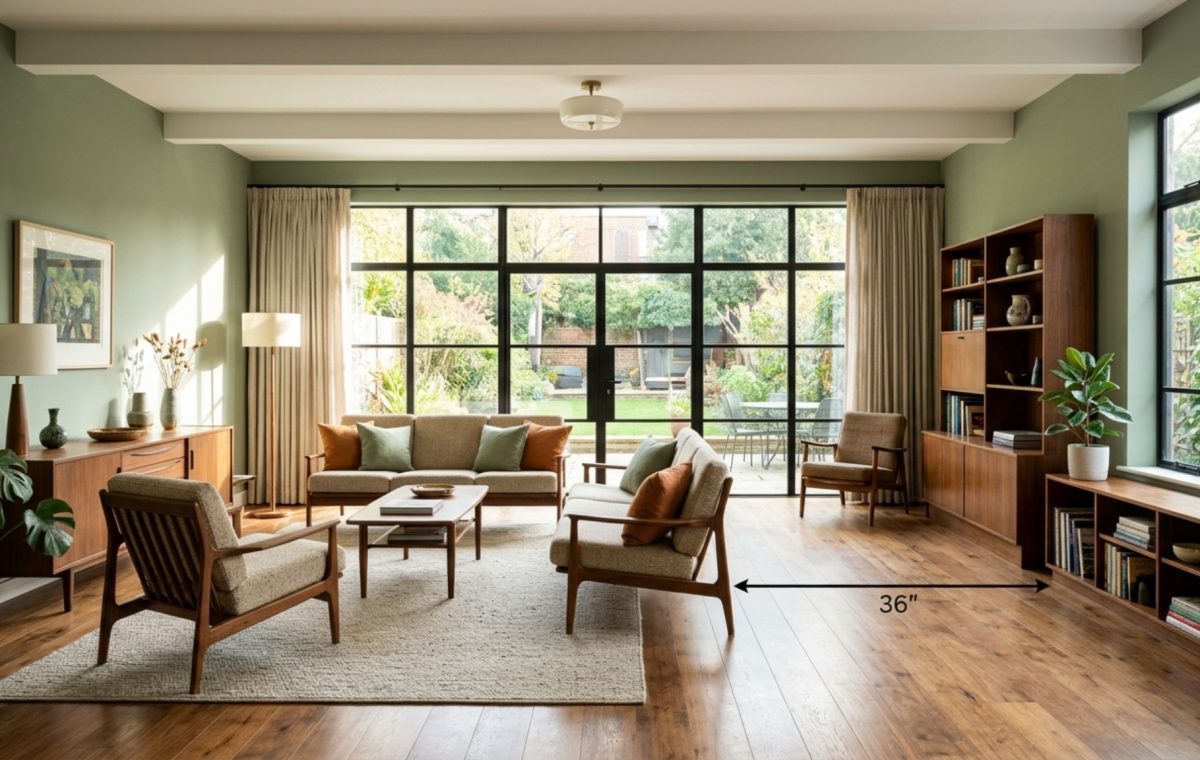 A wide-angle architectural shot of a modern living room featuring sage green walls and walnut furniture, highlighting a 36-inch clear walkway for optimal spatial flow.