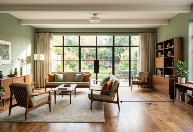 A wide-angle architectural shot of a modern living room featuring sage green walls and walnut furniture, highlighting a 36-inch clear walkway for optimal spatial flow.