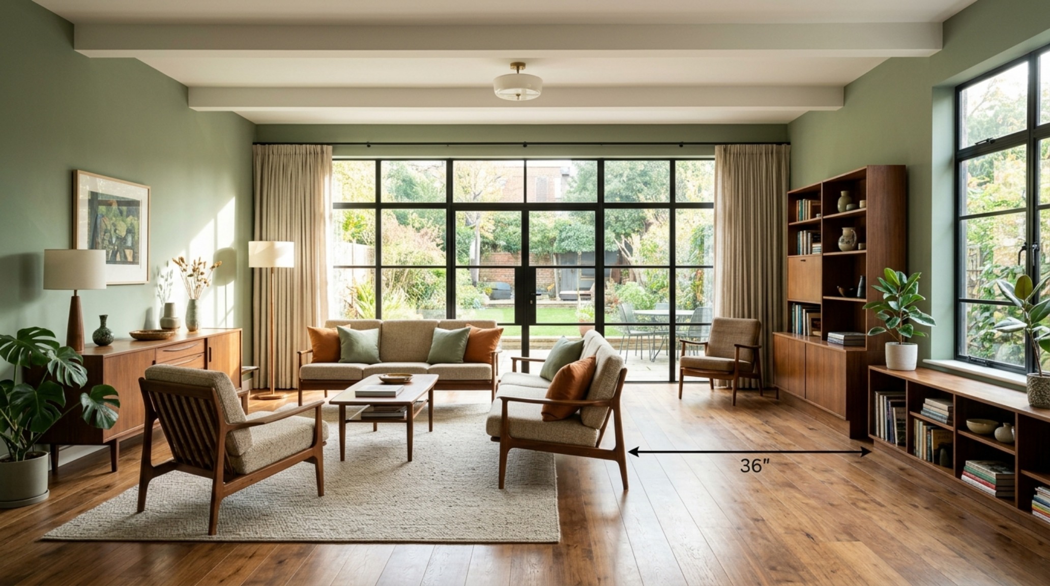 A wide-angle architectural shot of a modern living room featuring sage green walls and walnut furniture, highlighting a 36-inch clear walkway for optimal spatial flow. A wide-angle architectural shot of a modern living room featuring sage green walls and walnut furniture, highlighting a 36-inch clear walkway for optimal spatial flow.