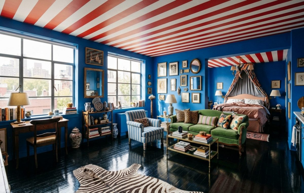 A wide-angle architectural photograph of Nick Olsen's studio apartment showing the 36-inch walkway and the bold red-and-white striped ceiling, illustrating nick olsen studio apartment video 0711 decor ideas.