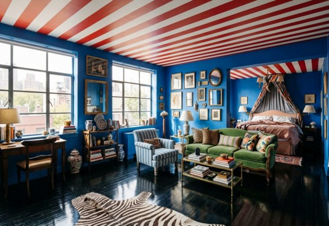 A wide-angle architectural photograph of Nick Olsen's studio apartment showing the 36-inch walkway and the bold red-and-white striped ceiling, illustrating nick olsen studio apartment video 0711 decor ideas.
