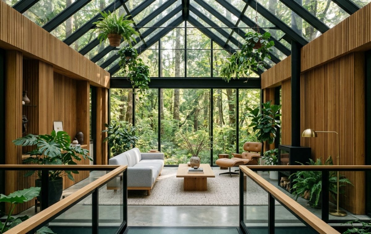 Wide-angle view of a concept house greenhouse experiment decor ideas layout showing a floating sofa, 36-inch walkways, and expansive glass walls with views of lush greenery.