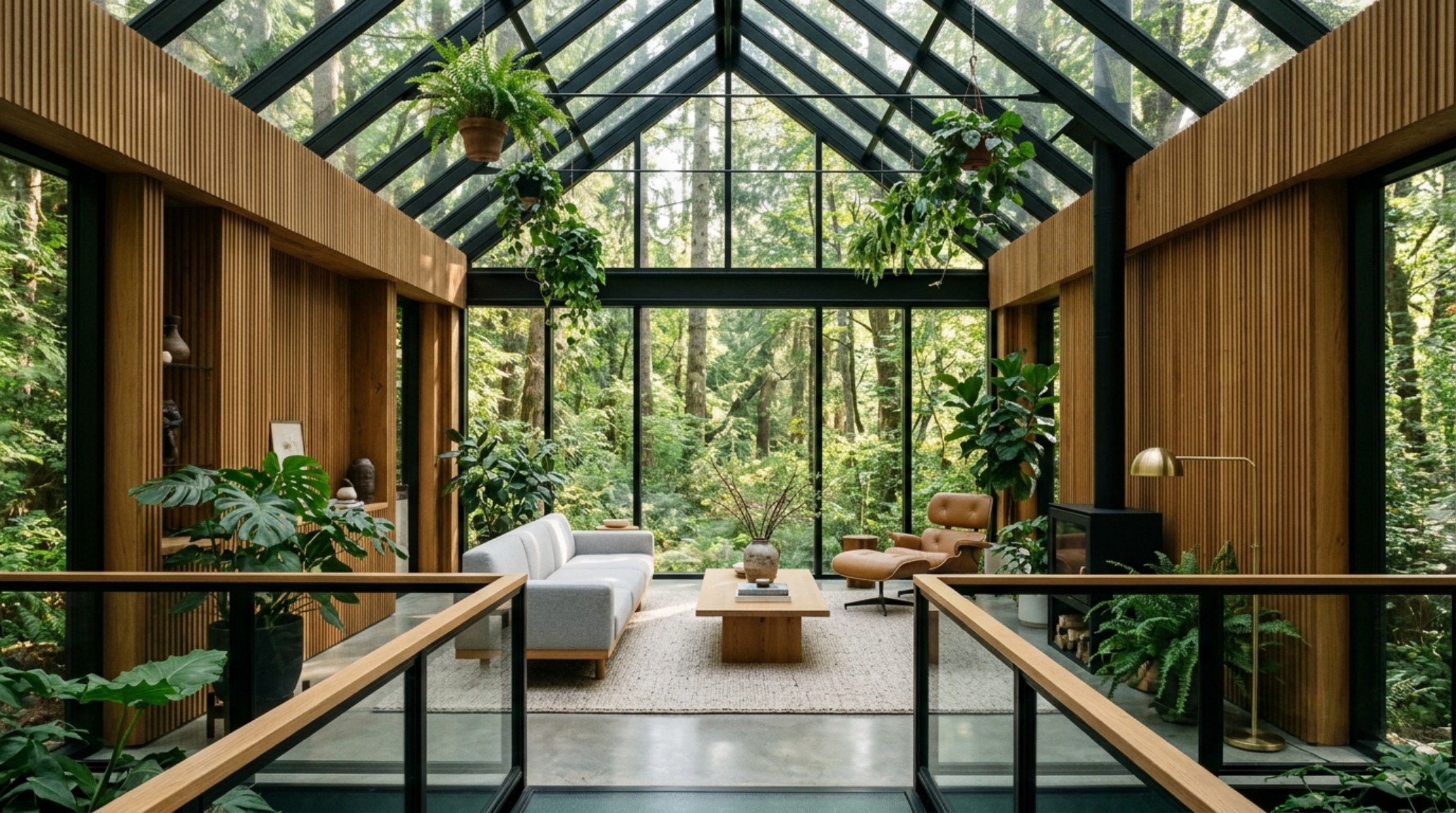 Wide-angle view of a concept house greenhouse experiment decor ideas layout showing a floating sofa, 36-inch walkways, and expansive glass walls with views of lush greenery. Wide-angle view of a concept house greenhouse experiment decor ideas layout showing a floating sofa, 36-inch walkways, and expansive glass walls with views of lush greenery.