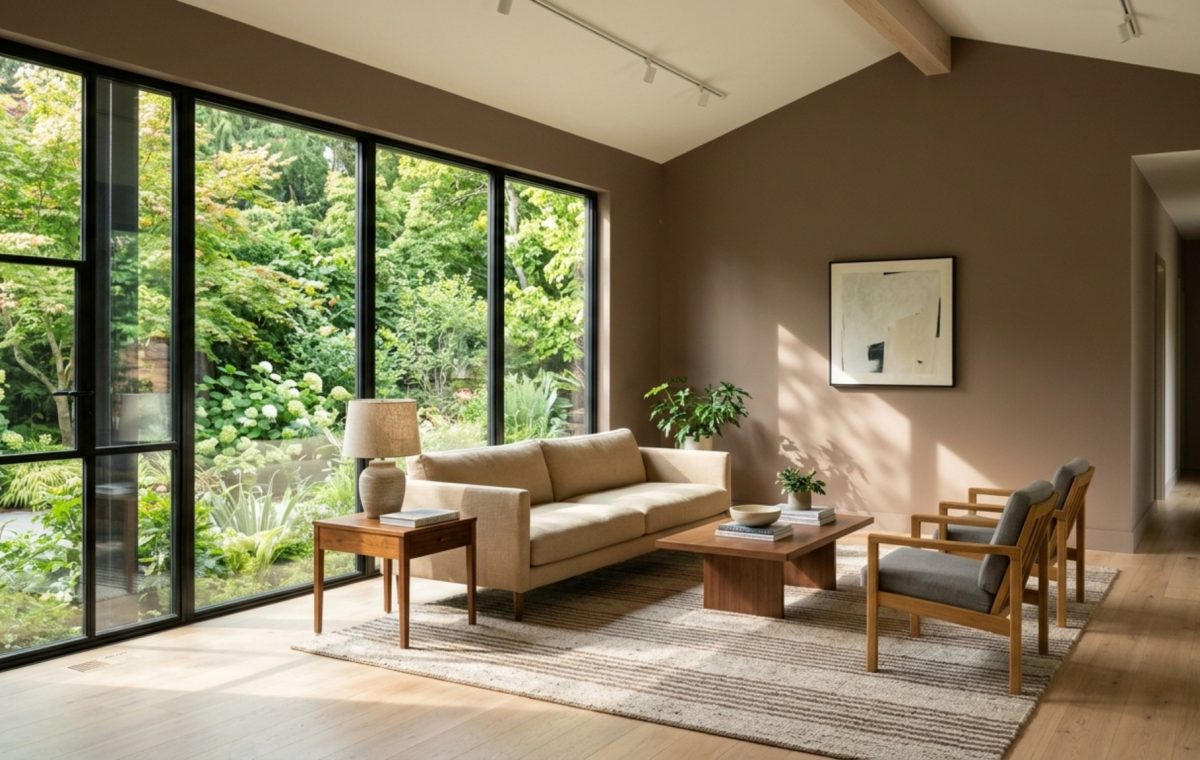 A sophisticated living room with walls in paint color browns 0608 decor ideas, featuring a 36-inch walkway and a low-slung travertine coffee table in natural sunlight.