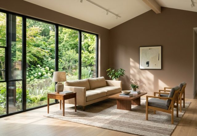 A sophisticated living room with walls in paint color browns 0608 decor ideas, featuring a 36-inch walkway and a low-slung travertine coffee table in natural sunlight.