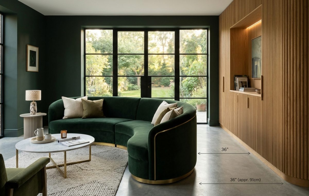 A wide-angle architectural shot of a modern living room featuring deep Studio Green walls and a 36-inch clear walkway for optimal circulation and ergonomic flow.
