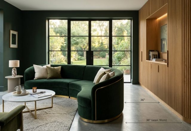 A wide-angle architectural shot of a modern living room featuring deep Studio Green walls and a 36-inch clear walkway for optimal circulation and ergonomic flow.