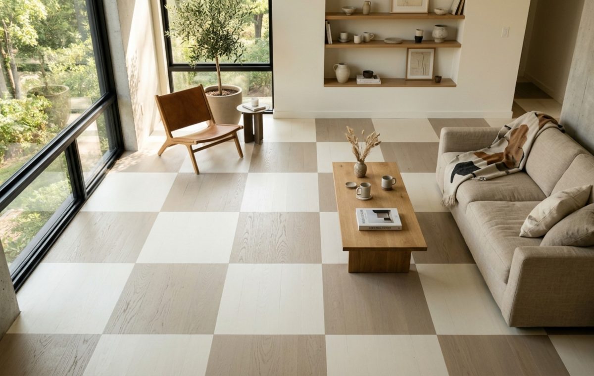 High-angle view of a minimalist living room with painting floors decor ideas featuring a soft cream checkerboard pattern on original pine planks.