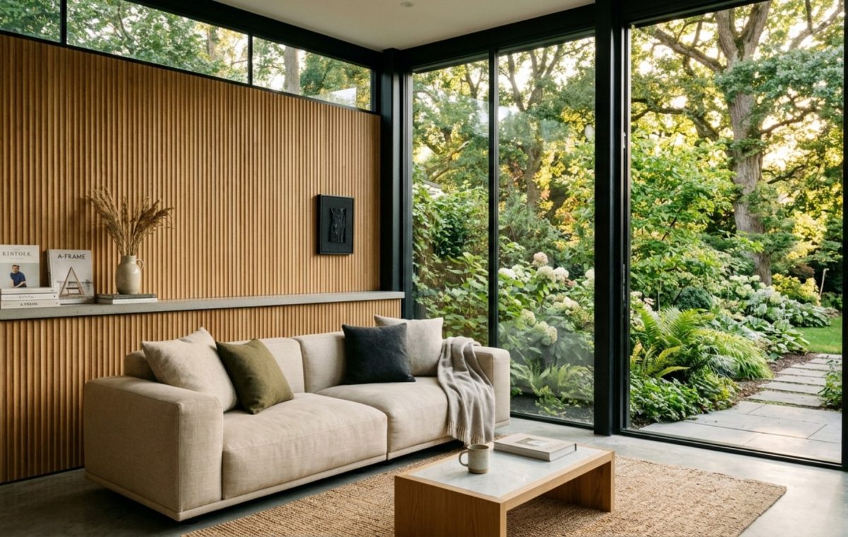High-end modern enclose screened porch decor ideas featuring floor-to-ceiling glass walls, fluted oak wall panels, and a minimalist neutral sofa overlooking a lush green garden in afternoon sunlight.