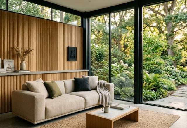High-end modern enclose screened porch decor ideas featuring floor-to-ceiling glass walls, fluted oak wall panels, and a minimalist neutral sofa overlooking a lush green garden in afternoon sunlight.