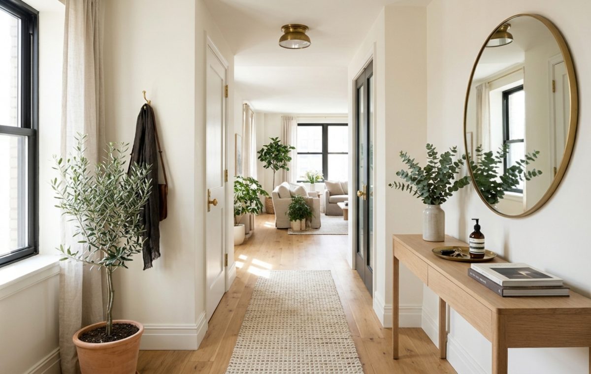 Kroesser Strat New York apartment decor ideas showing a bright entryway with a slim oak console and 36-inch walkway clearance.