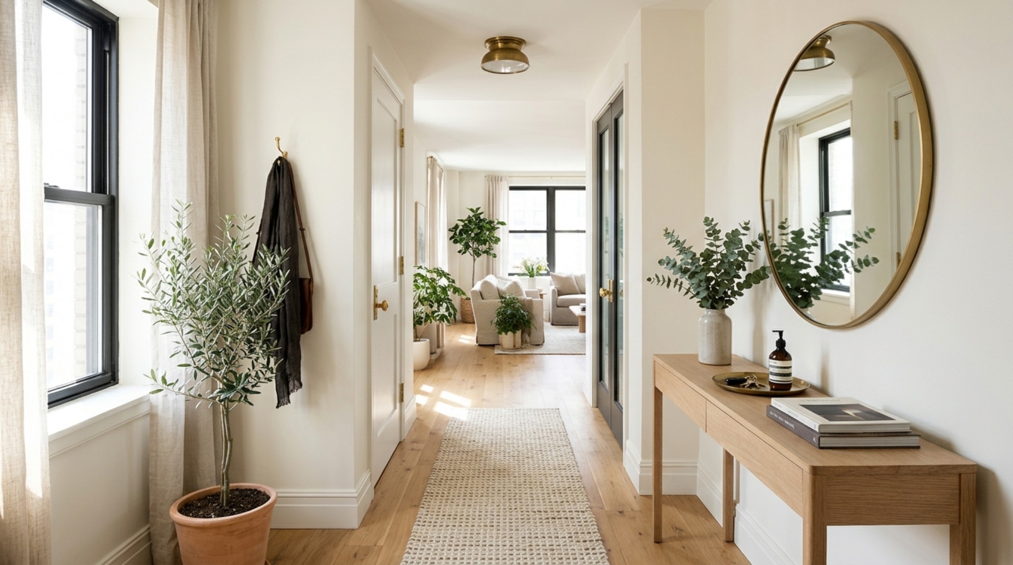 Kroesser Strat New York apartment decor ideas showing a bright entryway with a slim oak console and 36-inch walkway clearance. Kroesser Strat New York apartment decor ideas showing a bright entryway with a slim oak console and 36-inch walkway clearance.