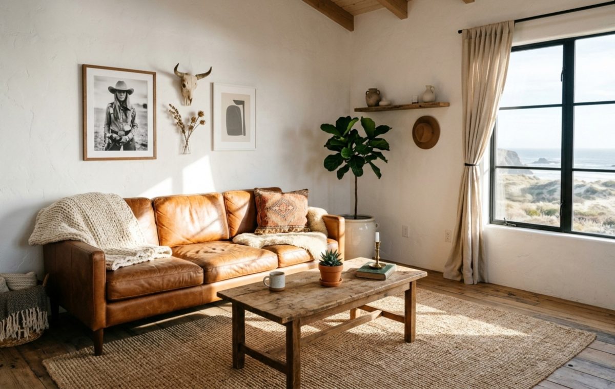 A sun-drenched living room featuring the coastal cowgirl design trend decor ideas with a cognac leather sofa, jute rug, and white linen curtains, maintaining 36-inch walkway clearances.