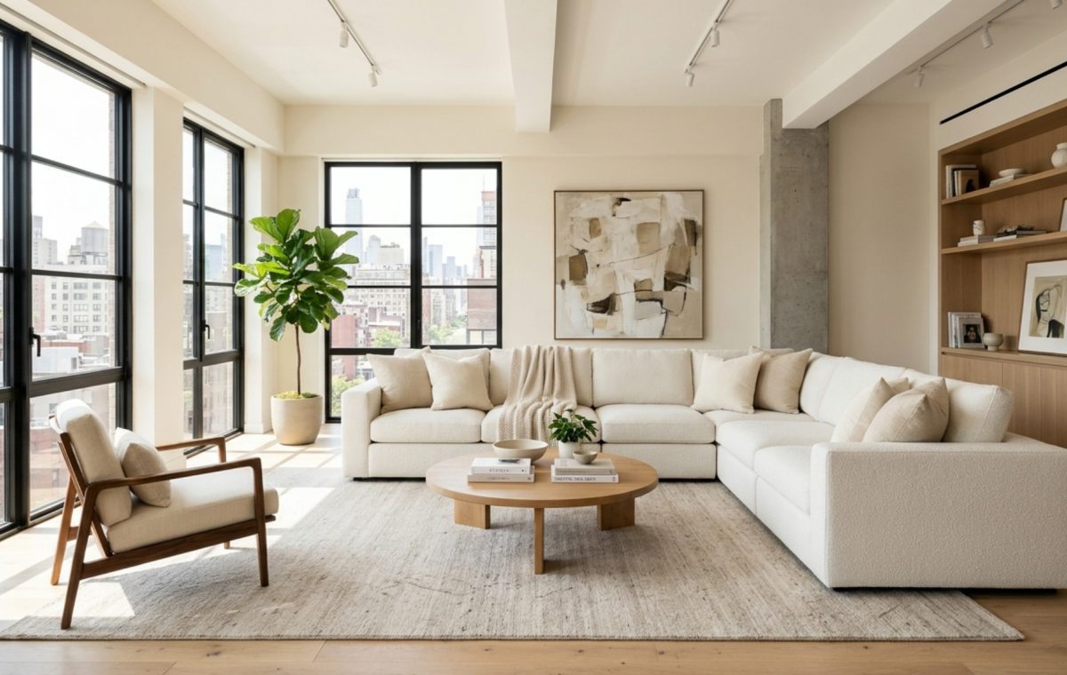 A bright, airy living room featuring a 7th Avenue modular sofa in 'Natural Oat' fabric, styled with Benjamin Moore Swiss Coffee walls and a 36-inch architectural walkway clearance.