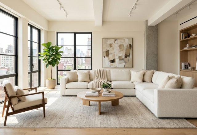 A bright, airy living room featuring a 7th Avenue modular sofa in 'Natural Oat' fabric, styled with Benjamin Moore Swiss Coffee walls and a 36-inch architectural walkway clearance.