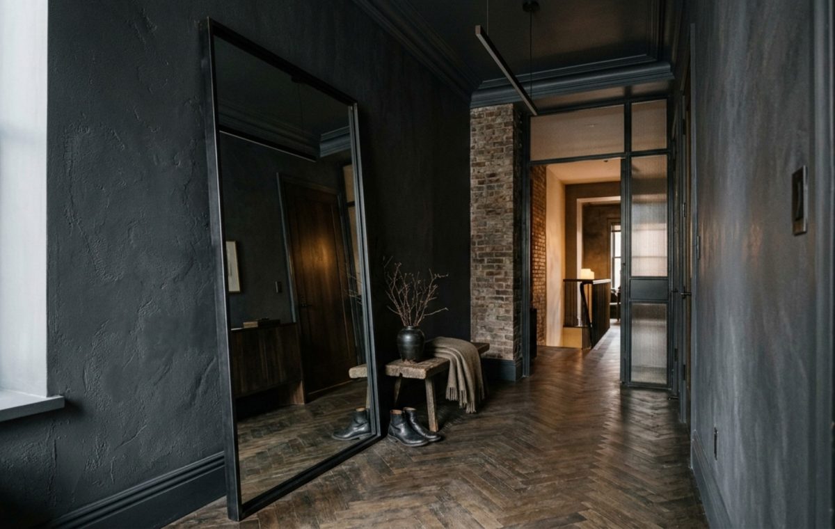 A moody Manhattan entryway with dark charcoal walls and a large leaning floor mirror reflecting natural light to enhance spatial depth, following bjorn wallander manhattan apartment tour decor ideas.