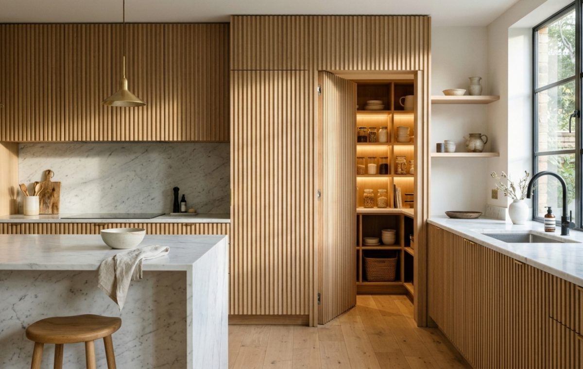 A wide-angle shot of a minimalist kitchen featuring a secret Costco door hidden within fluted white oak cabinetry, implementing small pantry organization ideas for a seamless look.