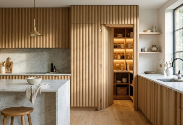 A wide-angle shot of a minimalist kitchen featuring a secret Costco door hidden within fluted white oak cabinetry, implementing small pantry organization ideas for a seamless look.