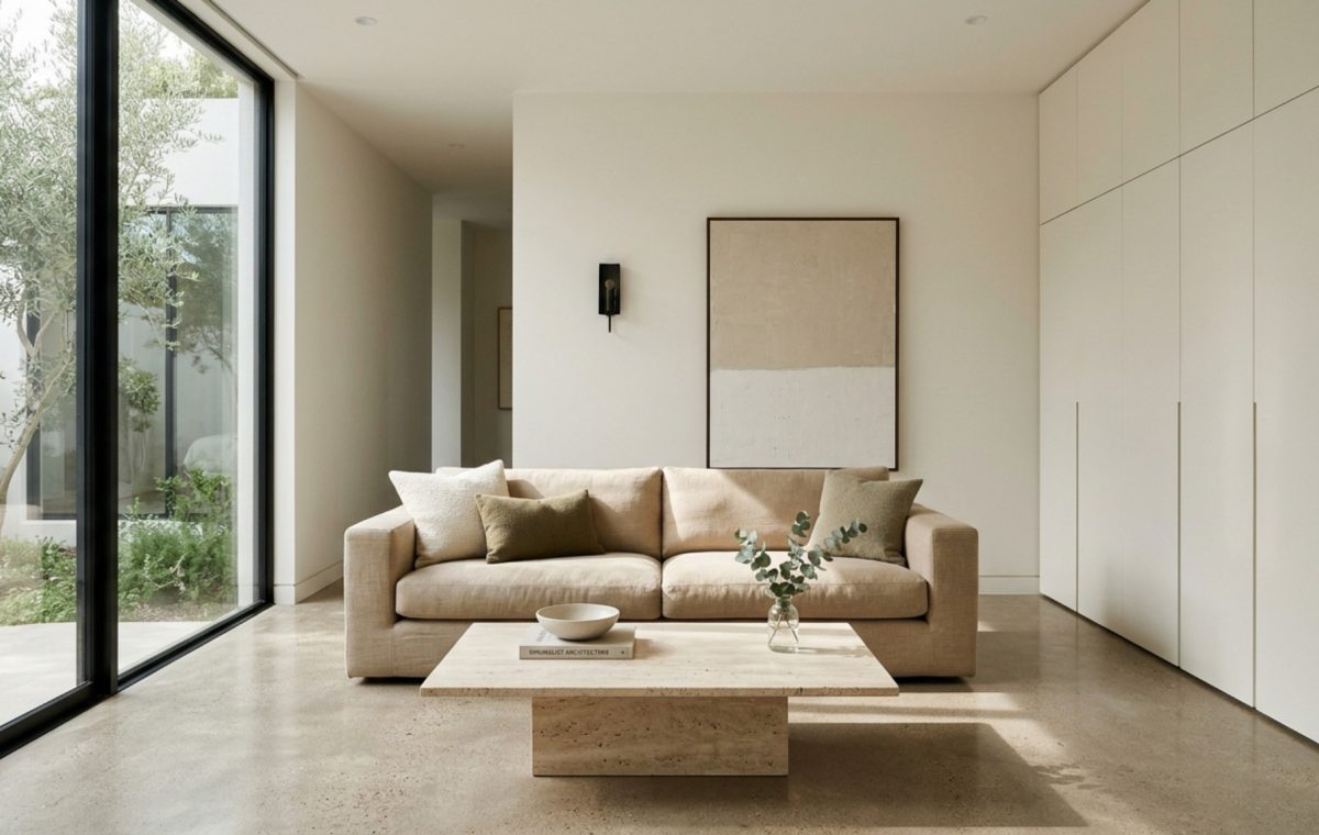 A wide-angle shot of a minimalist living room featuring flat paint decor ideas layout with hidden storage cabinets seamlessly integrated into matte-finished walls and 36-inch walkway clearances.